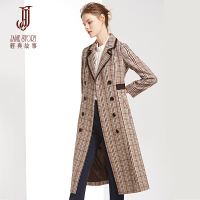经典故事冬季磨毛加厚中长型双排扣格子风衣女士时尚大衣
