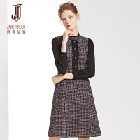 经典故事女装冬季荷叶边九分袖毛呢拼接连衣裙