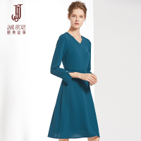 经典故事纯色九分袖连衣裙冬季优雅麻料A字裙女
