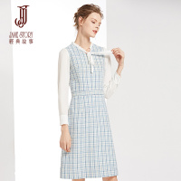 经典故事秋冬连衣裙女领长袖拼麻纱修身A字裙