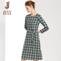 经典故事女装冬季九分袖纯棉格纹连衣裙女修身大摆裙
