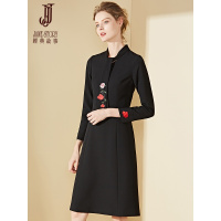 经典故事女装冬季通勤领优雅绣花修身A型打底连衣裙