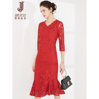 经典故事气质蕾丝连衣裙女春季七分袖礼服裙荷叶边裙