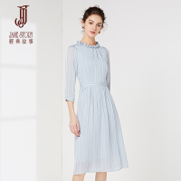 经典故事春夏季时尚钉珠雪纺连衣裙女显瘦条纹百褶裙子