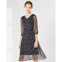 经典故事春夏季时尚抽象印花显瘦七分袖连衣裙子女