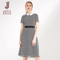 经典故事夏季雪纺千鸟格连衣裙女收腰修身优雅裙子潮