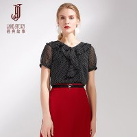 经典故事夏季荷叶边雪纺衫时尚波点T恤女宽松优雅短袖上衣潮