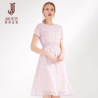 经典故事夏季雪纺印花连衣裙女松紧收腰短袖裙子