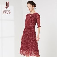 经典故事春夏季五分袖红色复古波点雪纺连衣裙女显瘦