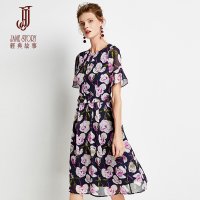 经典故事雪纺印花连衣大摆裙子夏季中长减龄气质显瘦女装