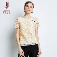 经典故事夏季女士短袖T恤蕾丝镂空上衣修身百搭通勤女装