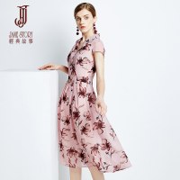 经典故事夏季雪纺印花短袖连衣裙子收腰气质显瘦修身女装