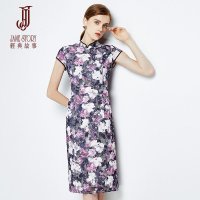 经典故事夏季蕾丝印花连衣裙子复古改良旗袍收腰气质显瘦