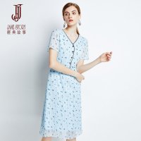 经典故事夏季雪纺连衣裙优雅气质收腰显瘦短袖a字女装