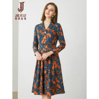 经典故事秋季优雅双绉印花连衣裙时尚浪漫大摆