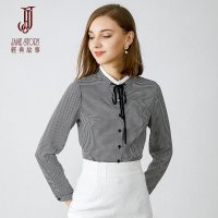 经典故事秋季麻纱印花衬衫复古千鸟格雅致打底衫