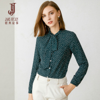 经典故事秋季时尚印花雪纺衫浪漫蝴蝶结领打底衫女