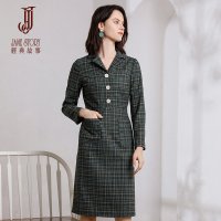 经典故事连衣裙女秋冬毛呢格纹打底裙子女显瘦装