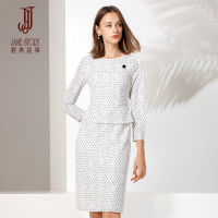 经典故事春季清爽波点连衣裙优雅蕾丝修身显瘦铅笔裙