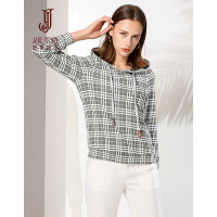 经典故事春季清爽百搭连帽针织上衣休闲显瘦格纹上衣