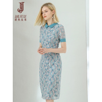 经典故事2020夏季时尚翻领双色蕾丝一步裙修身中长蕾丝连衣裙