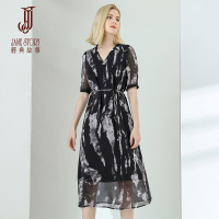 经典故事2020年夏乔其复古水墨印花V领高腰修身文艺连衣裙