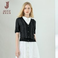 经典故事夏短袖显瘦v领上衣撞色条纹简约百搭