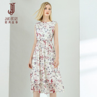 （真丝印花）经典故事年圆领无袖A字裙腰部松紧连衣裙