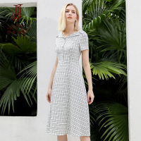 经典故事年夏高腰修身小个子显高翻领格纹气质连衣裙