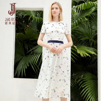 经典故事夏季短袖简约圆领连衣裙收腰剪裁大裙摆印花裙