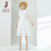 经典故事夏短袖简约知性翻领连衣裙襟排扣经典A字裙