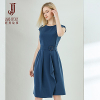 经典故事夏装圆领简约短袖连衣裙腰带收腰不规则裙摆裙