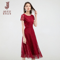 夏季气质圆领显瘦礼服裙修身中长裙短袖蕾丝连衣裙