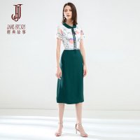 夏季娃娃领拼接显瘦A字裙修身中长裙短袖印花连衣裙