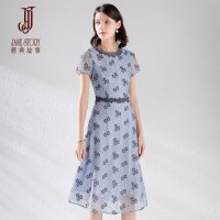 夏季时尚圆领短袖蕾丝裙修身中长裙显瘦印花连衣裙