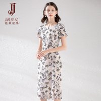 夏简约圆领显瘦A字裙修身短袖蝴蝶印花连衣裙