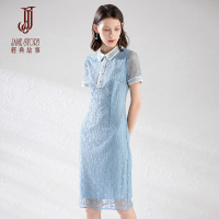 夏时尚气质一步裙刺绣蕾丝中长裙修身短袖连衣裙