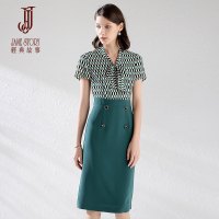 夏季时尚系带领拼接A字裙修身中长裙短袖气质连衣裙