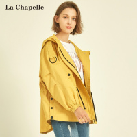 拉夏贝尔集团旗下短外套女2018秋季新款韩版宽松运动上衣学生长袖拉链连帽冲锋外衣 黄色 默认尺寸