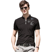 雅鹿男士纯色翻领T恤2019夏季新款黑色休闲印花POLO衫衬衫领