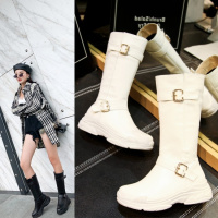 Tiauny棉鞋女新款冬季百搭厚底松糕平底中筒靴皮带扣加绒冬靴8200-2