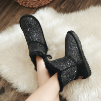 Tiauny 2018冬季新款韩版加绒加厚短筒靴亮片棉鞋平底面包学生女靴雪地靴10-121