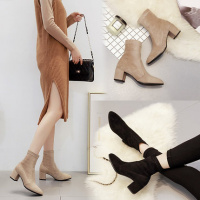 Tiauny 冬季新款方头粗跟短筒瘦瘦靴子女超高跟气质优雅尖头时装鞋8919