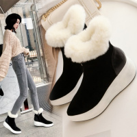 Tiauny 尖头厚底内增高兔毛雪地靴加绒真皮高跟短靴秋冬女鞋黑色2018新款R277-2