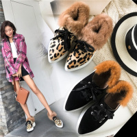 Tiauny 2018全真皮 短靴毛毛单鞋兔毛内增高坡跟成型底交叉绑带中跟女鞋R355