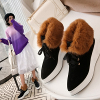 Tiauny 2018冬季新款系带短靴女真皮厚底尖头雪地靴坡跟休闲短筒兔毛韩版X288