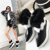 Tiauny 2018秋冬季新款女短靴真皮兔毛厚底雪地靴百搭韩版坡跟棉鞋R333