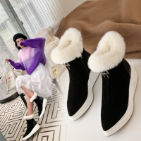 Tiauny 2018冬季新款雪地靴女加绒坡跟保暖短靴尖头休闲兔毛厚底短筒女潮X277