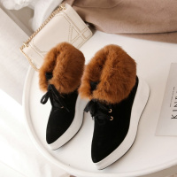 Tiauny 女鞋子2018冬新款系带兔毛毛真羊皮短筒尖头松糕厚底加绒雪地棉靴R288-2