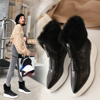 Tiauny 2018冬季加绒真皮时尚保暖短靴短筒内增高坡跟韩版百搭英伦风尖头0299-2